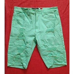 Makobi Men Denim Shorts 34 Green Distressed Designer Stretch Zip Up 5 Pockets